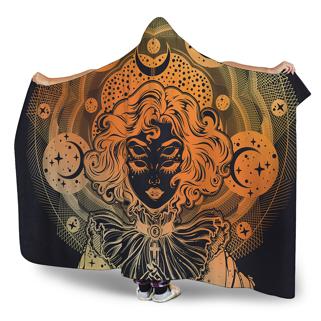 Wiccan Girl And Magical Moon Print Hooded Blanket