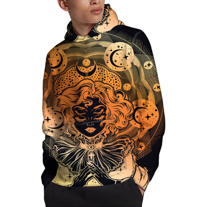 Wiccan Girl And Magical Moon Print Pullover Hoodie