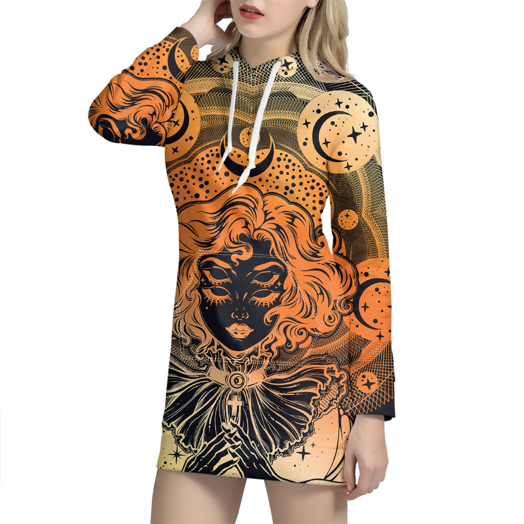 Wiccan Girl And Magical Moon Print Pullover Hoodie Dress