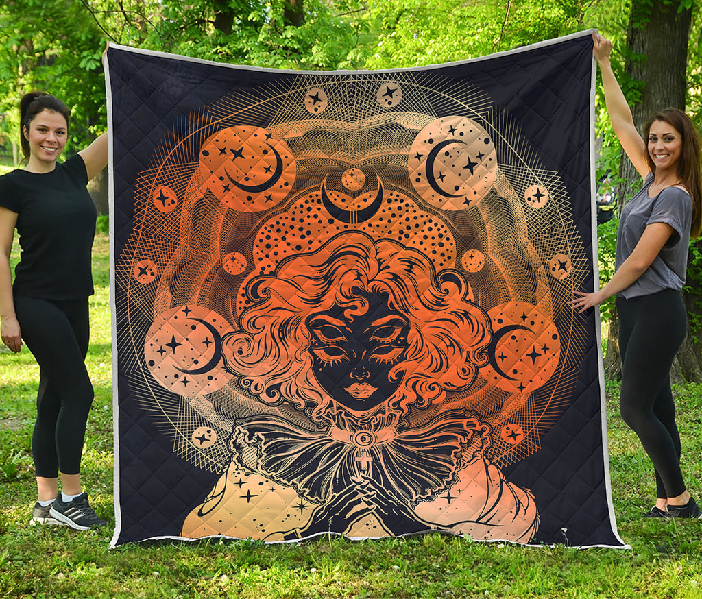 Wiccan Girl And Magical Moon Print Quilt