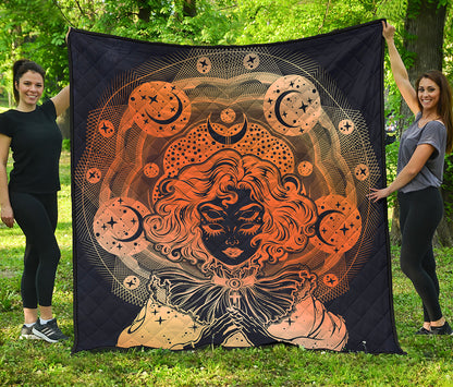 Wiccan Girl And Magical Moon Print Quilt