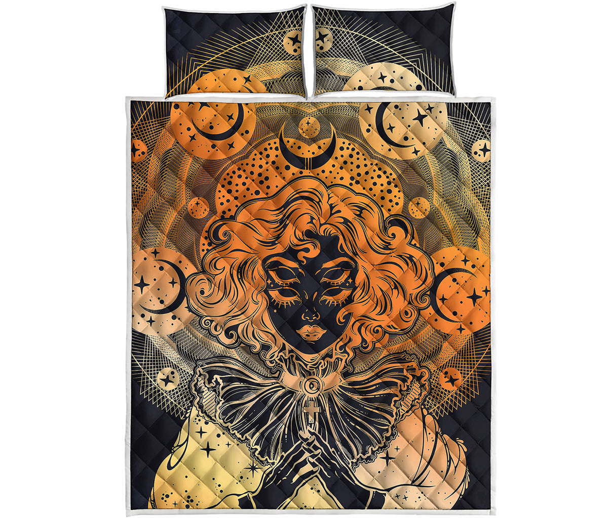 Wiccan Girl And Magical Moon Print Quilt Bed Set