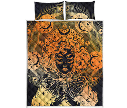 Wiccan Girl And Magical Moon Print Quilt Bed Set