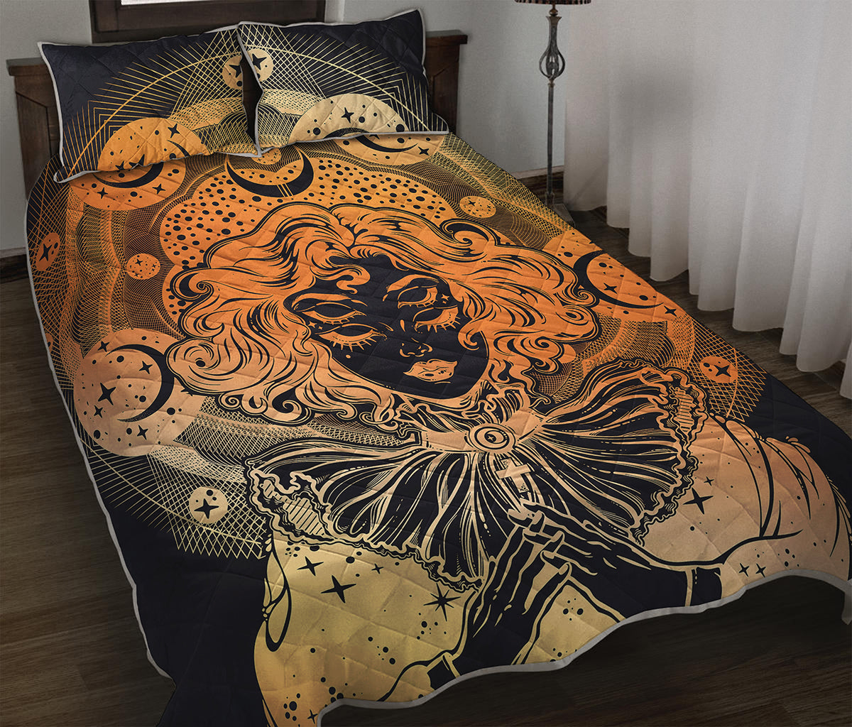 Wiccan Girl And Magical Moon Print Quilt Bed Set