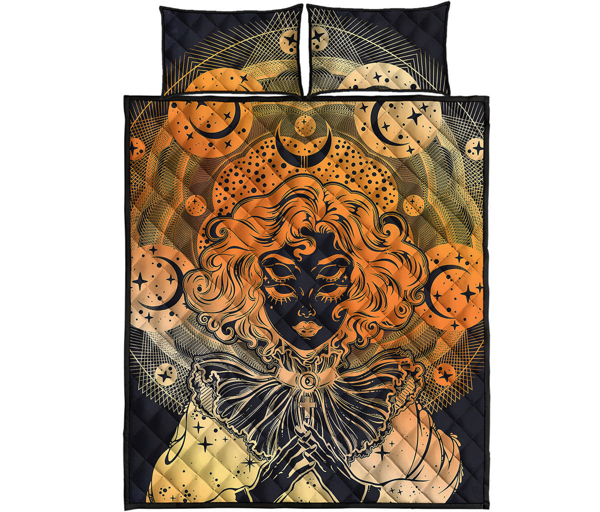 Wiccan Girl And Magical Moon Print Quilt Bed Set