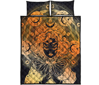 Wiccan Girl And Magical Moon Print Quilt Bed Set