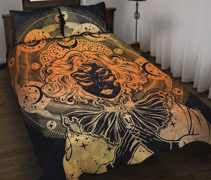 Wiccan Girl And Magical Moon Print Quilt Bed Set