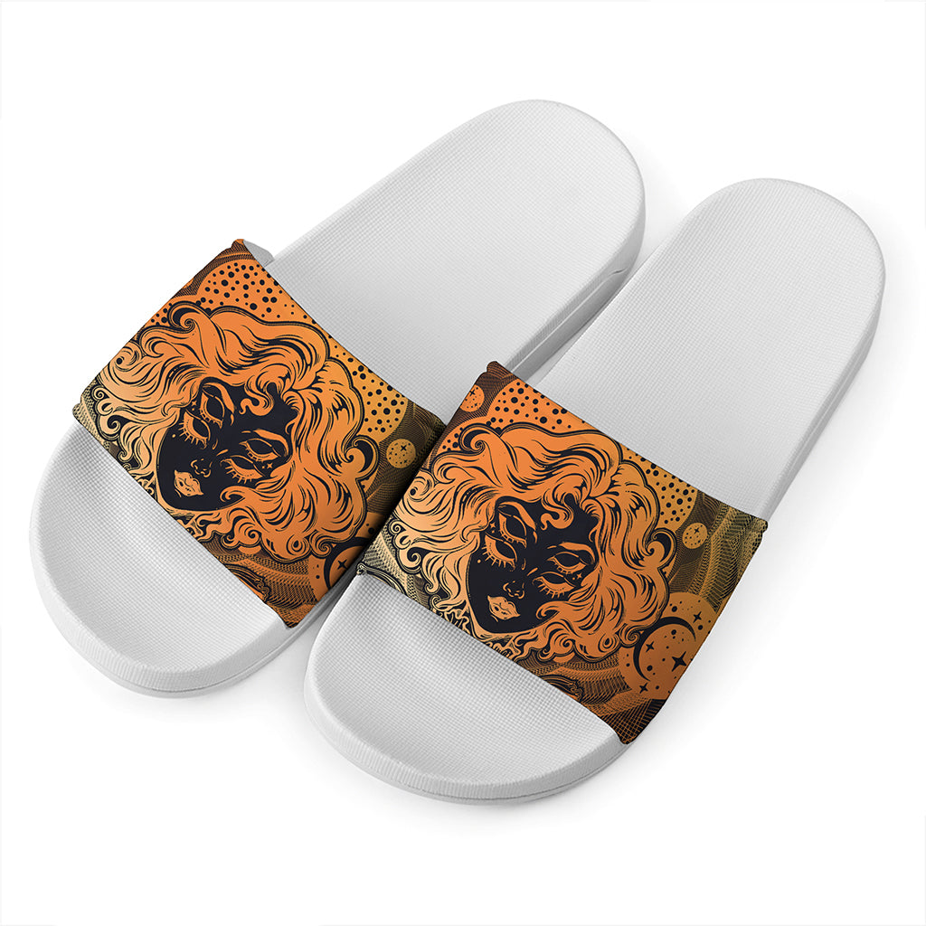 Wiccan Girl And Magical Moon Print White Slide Sandals