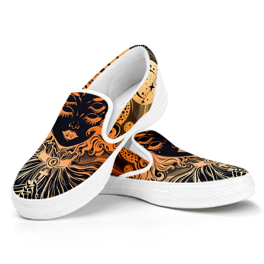 Wiccan Girl And Magical Moon Print White Slip On Shoes