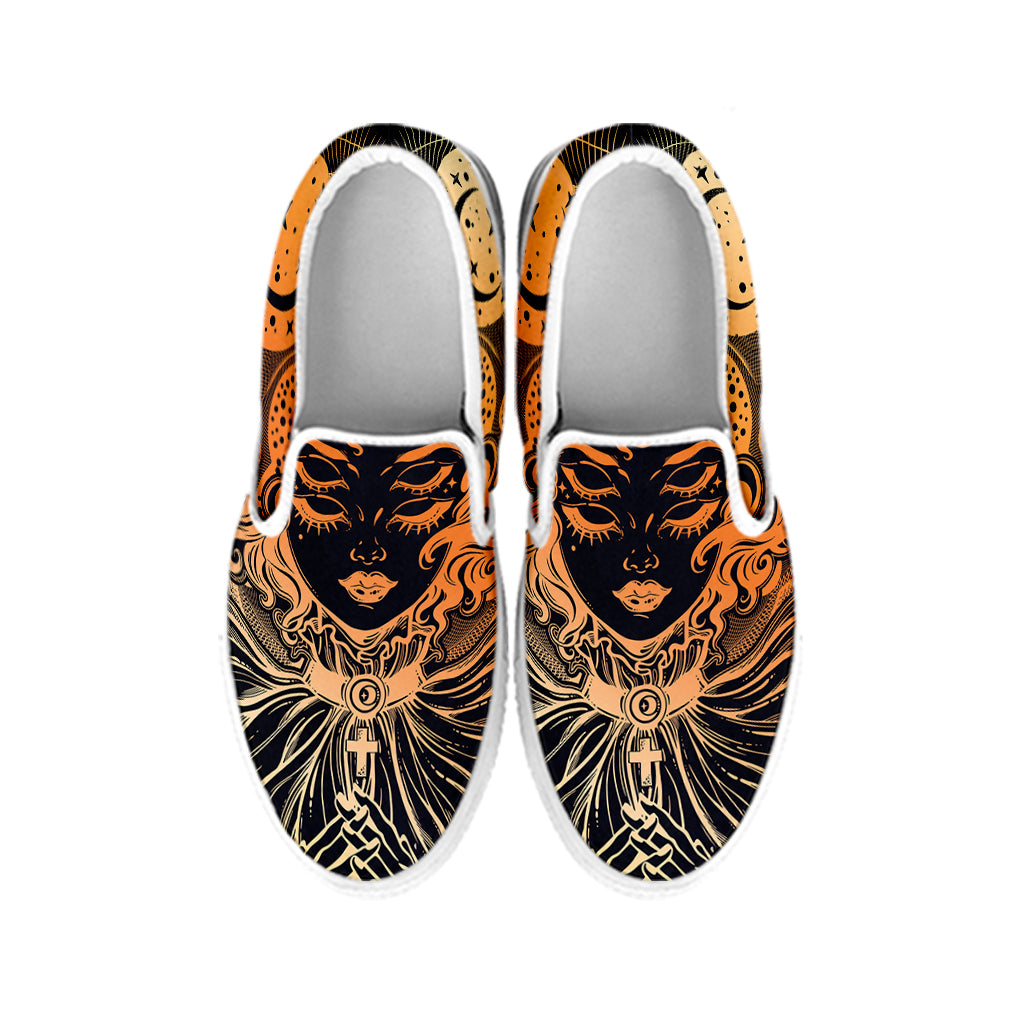 Wiccan Girl And Magical Moon Print White Slip On Shoes