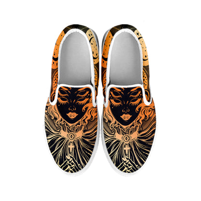 Wiccan Girl And Magical Moon Print White Slip On Shoes