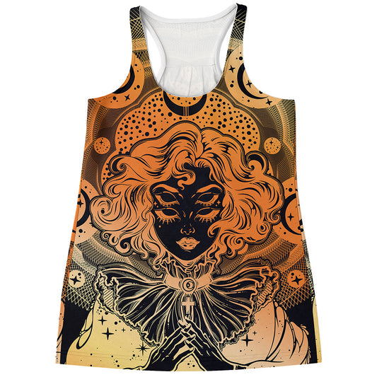 Wiccan Girl And Magical Moon Print Women's Racerback Tank Top
