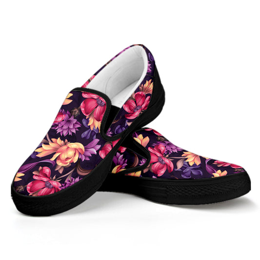 Wild Flower Print Black Slip On Shoes
