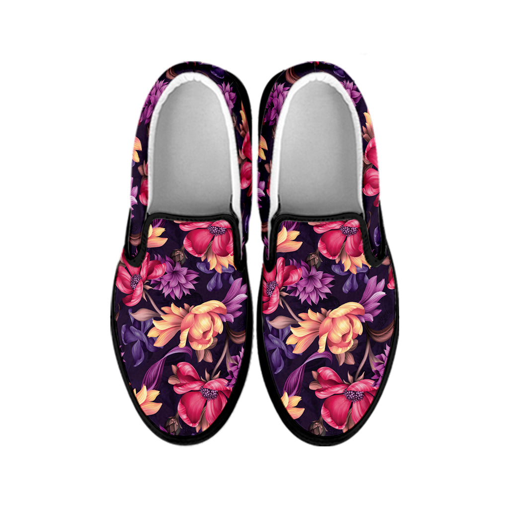 Wild Flower Print Black Slip On Shoes