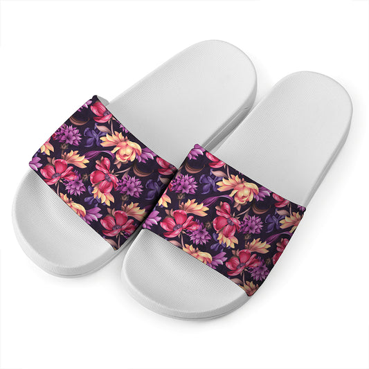 Wild Flower Print White Slide Sandals