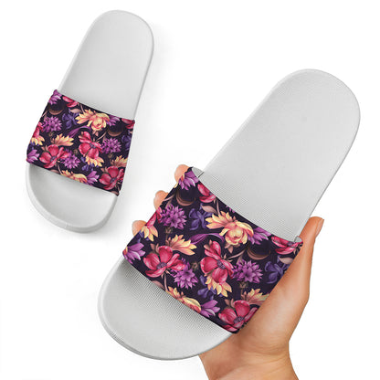 Wild Flower Print White Slide Sandals