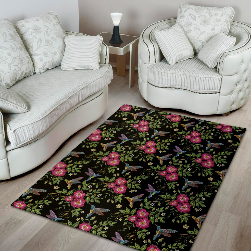 Wild Flowers And Hummingbird Print Area Rug