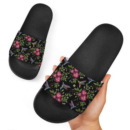 Wild Flowers And Hummingbird Print Black Slide Sandals