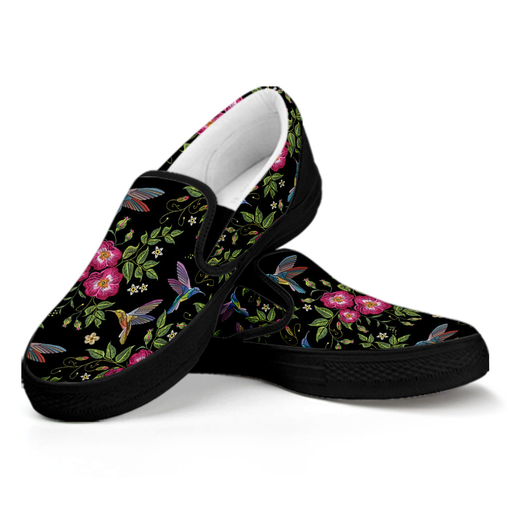 Wild Flowers And Hummingbird Print Black Slip On Shoes