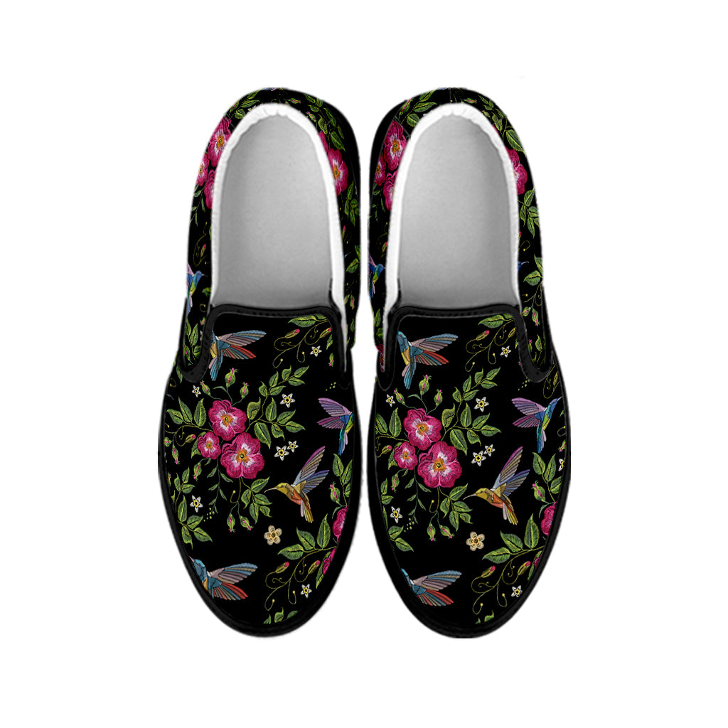 Wild Flowers And Hummingbird Print Black Slip On Shoes