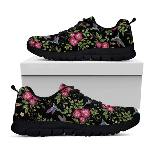 Wild Flowers And Hummingbird Print Black Sneakers