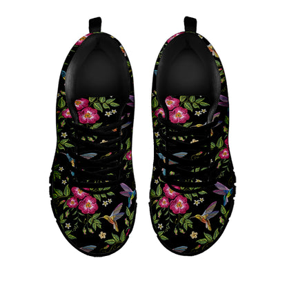 Wild Flowers And Hummingbird Print Black Sneakers