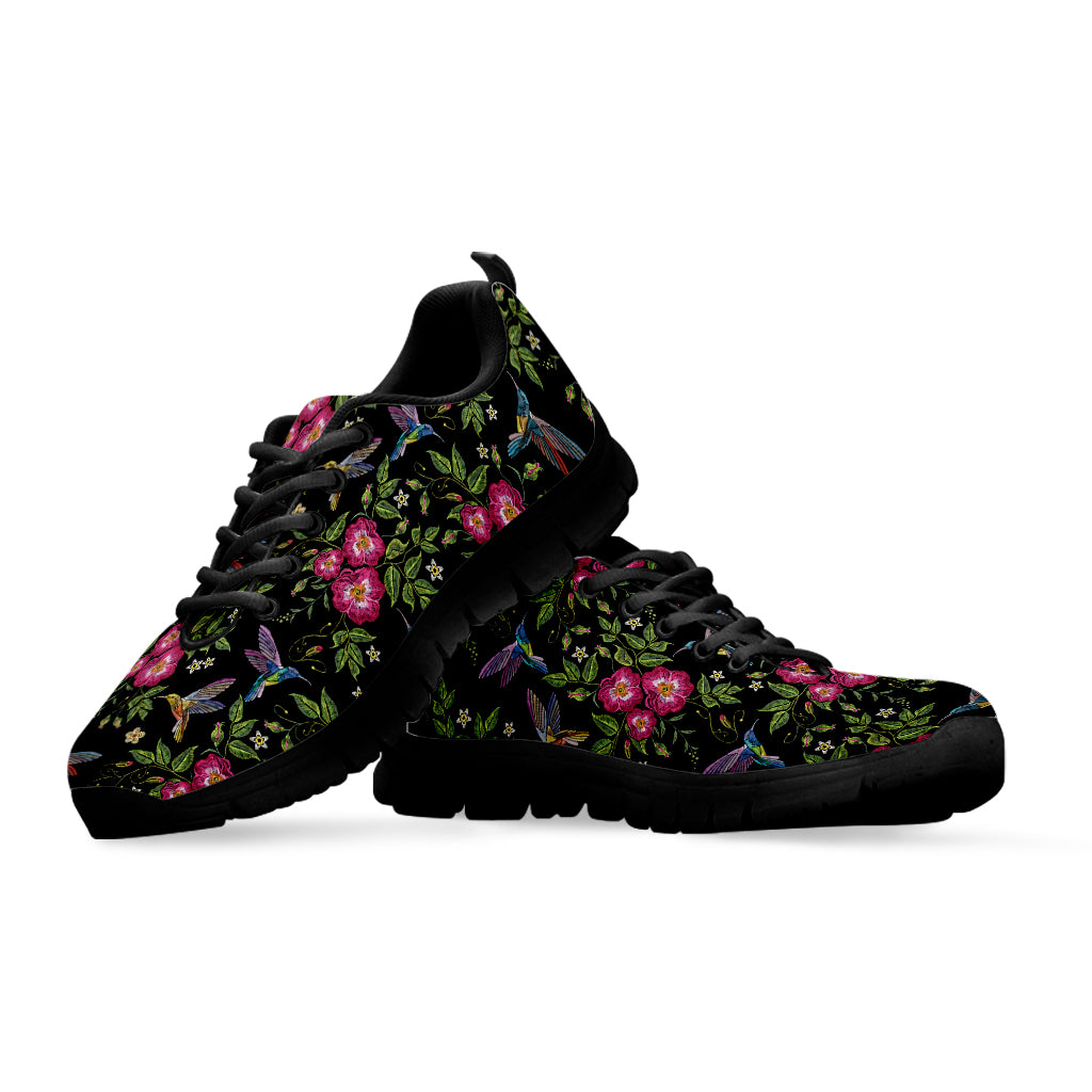 Wild Flowers And Hummingbird Print Black Sneakers