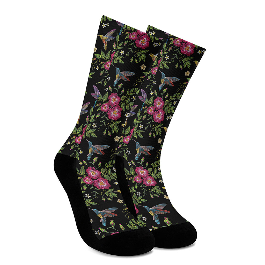 Wild Flowers And Hummingbird Print Crew Socks