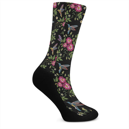 Wild Flowers And Hummingbird Print Crew Socks