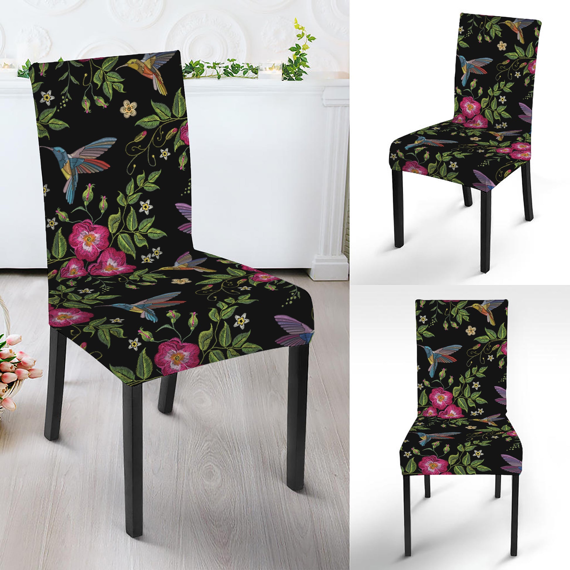 Wild Flowers And Hummingbird Print Dining Chair Slipcover
