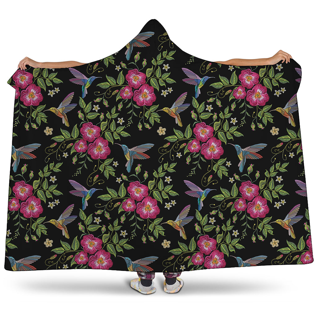 Wild Flowers And Hummingbird Print Hooded Blanket