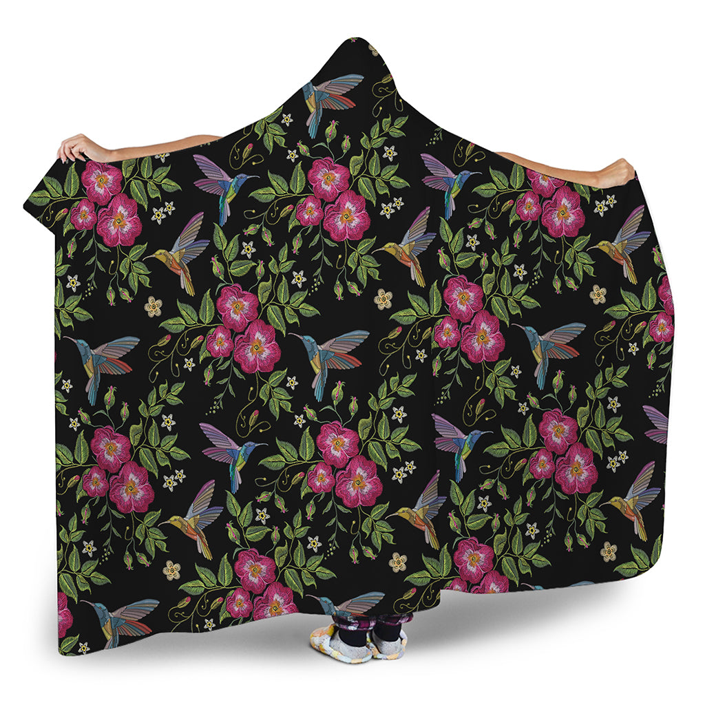 Wild Flowers And Hummingbird Print Hooded Blanket