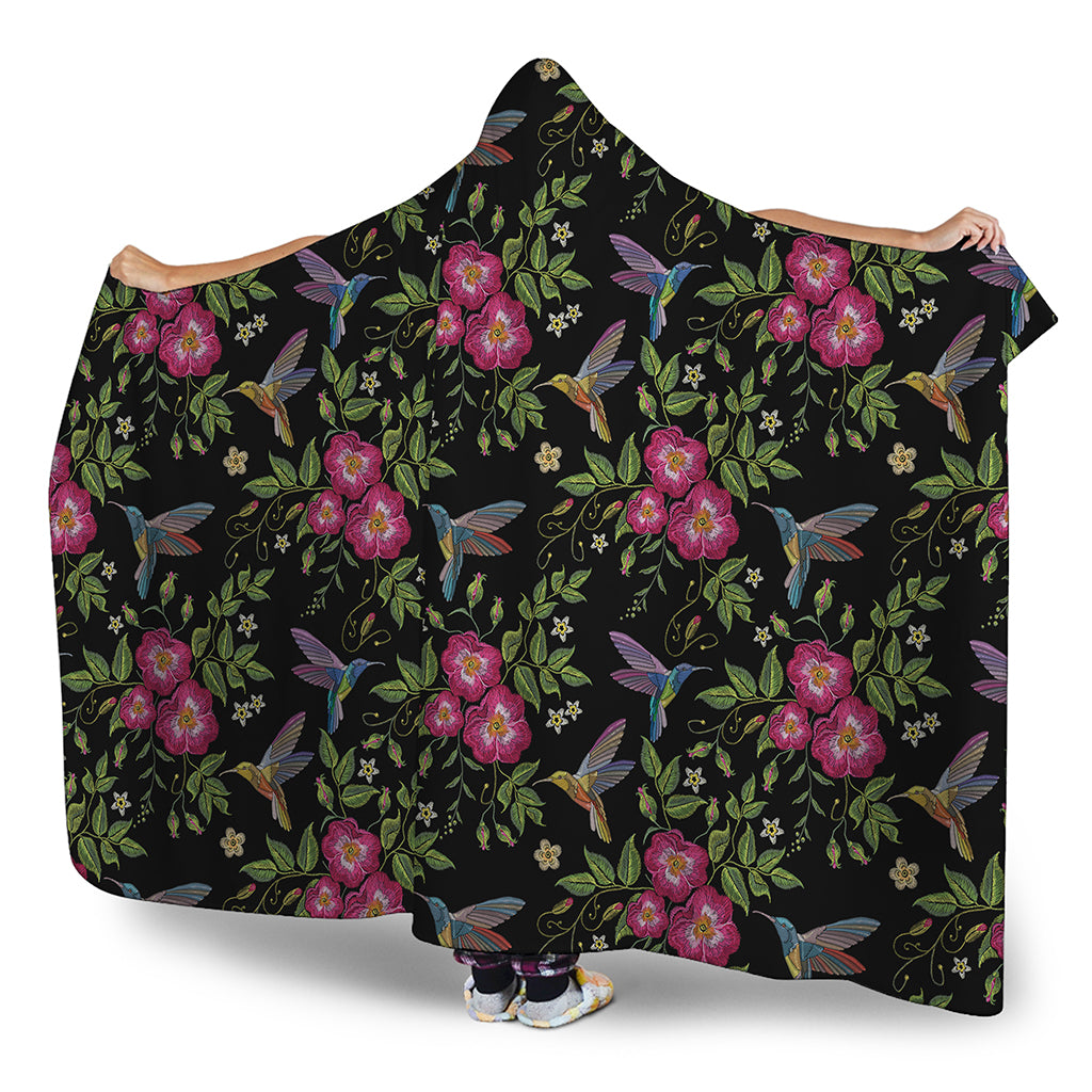Wild Flowers And Hummingbird Print Hooded Blanket