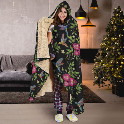 Wild Flowers And Hummingbird Print Hooded Blanket