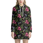 Wild Flowers And Hummingbird Print Hoodie Dress