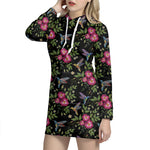 Wild Flowers And Hummingbird Print Hoodie Dress