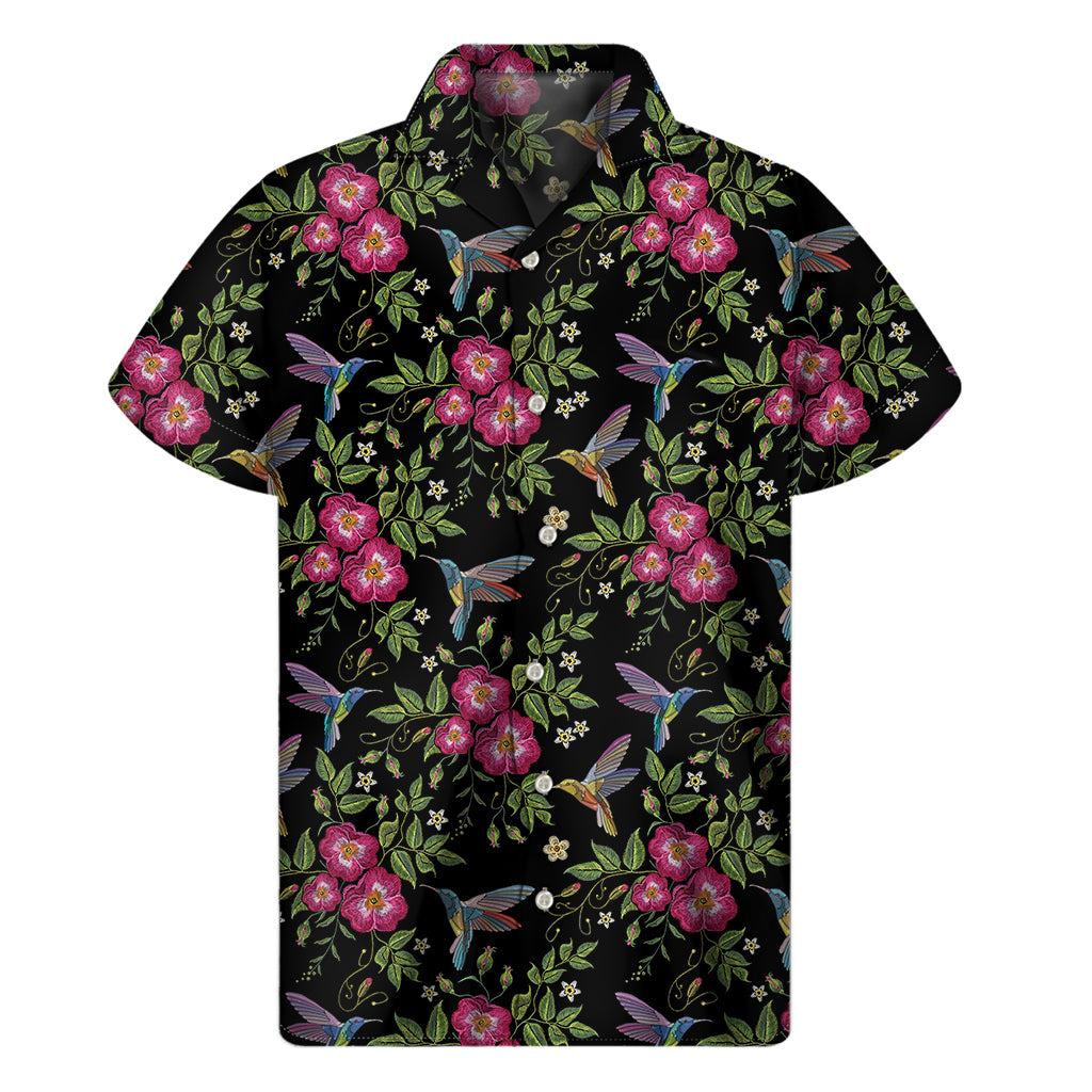 Wild Flowers And Hummingbird Print Men's Short Sleeve Shirt