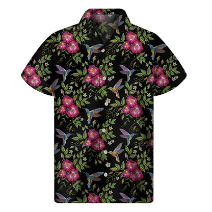 Wild Flowers And Hummingbird Print Men's Short Sleeve Shirt