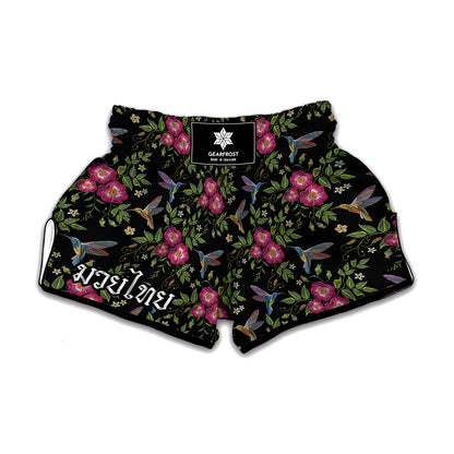 Wild Flowers And Hummingbird Print Muay Thai Boxing Shorts