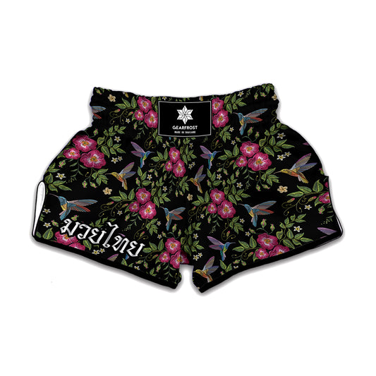 Wild Flowers And Hummingbird Print Muay Thai Boxing Shorts