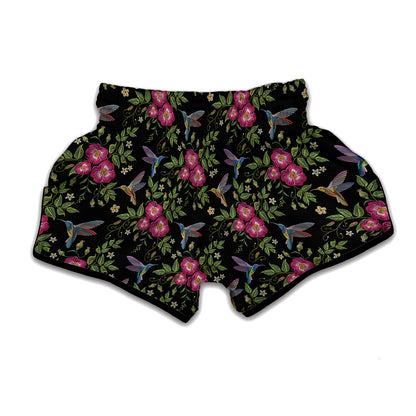 Wild Flowers And Hummingbird Print Muay Thai Boxing Shorts