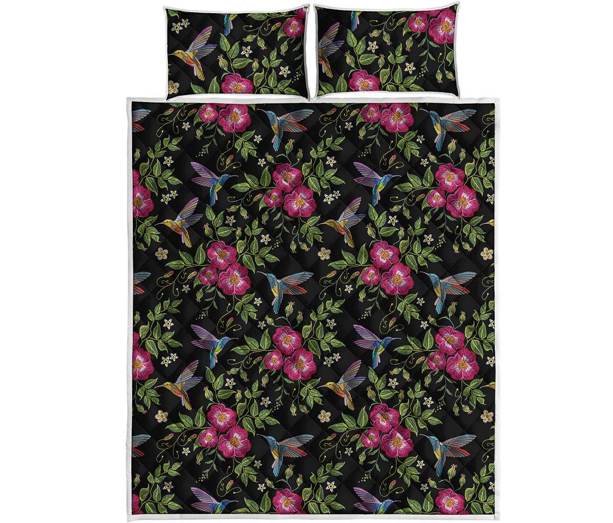 Wild Flowers And Hummingbird Print Quilt Bed Set