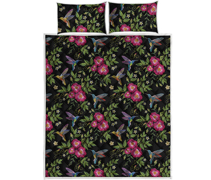 Wild Flowers And Hummingbird Print Quilt Bed Set