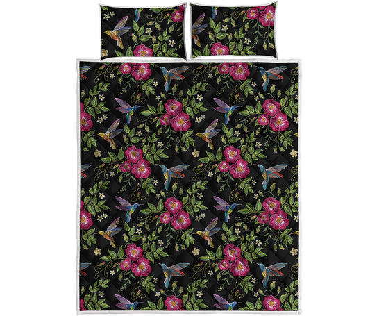 Wild Flowers And Hummingbird Print Quilt Bed Set
