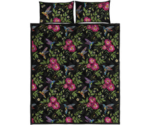 Wild Flowers And Hummingbird Print Quilt Bed Set