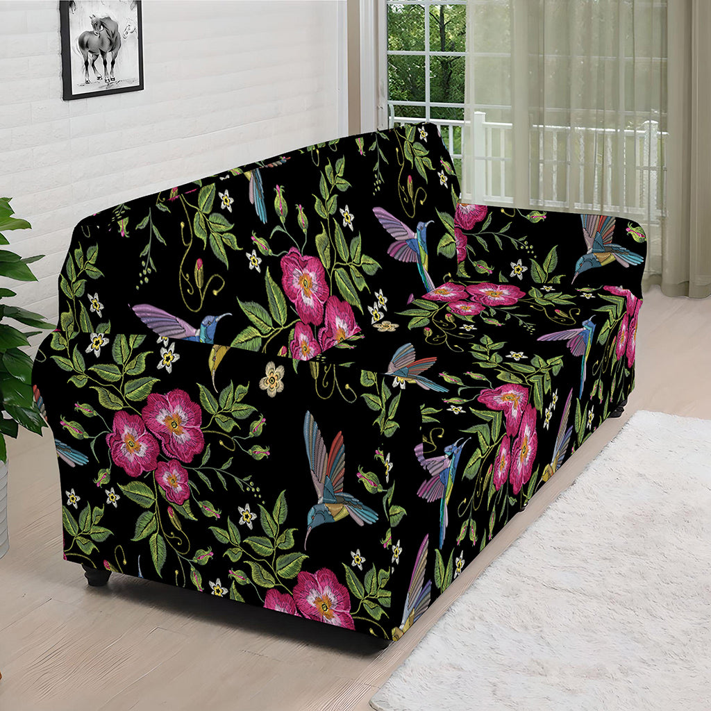 Wild Flowers And Hummingbird Print Sofa Cover