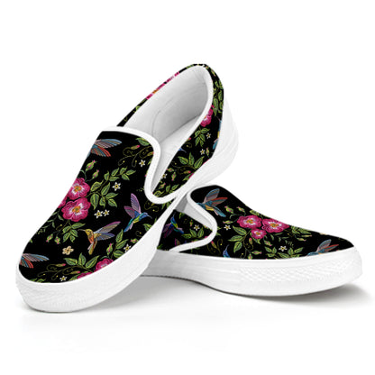 Wild Flowers And Hummingbird Print White Slip On Shoes
