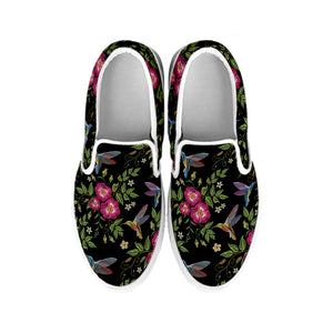 Wild Flowers And Hummingbird Print White Slip On Shoes