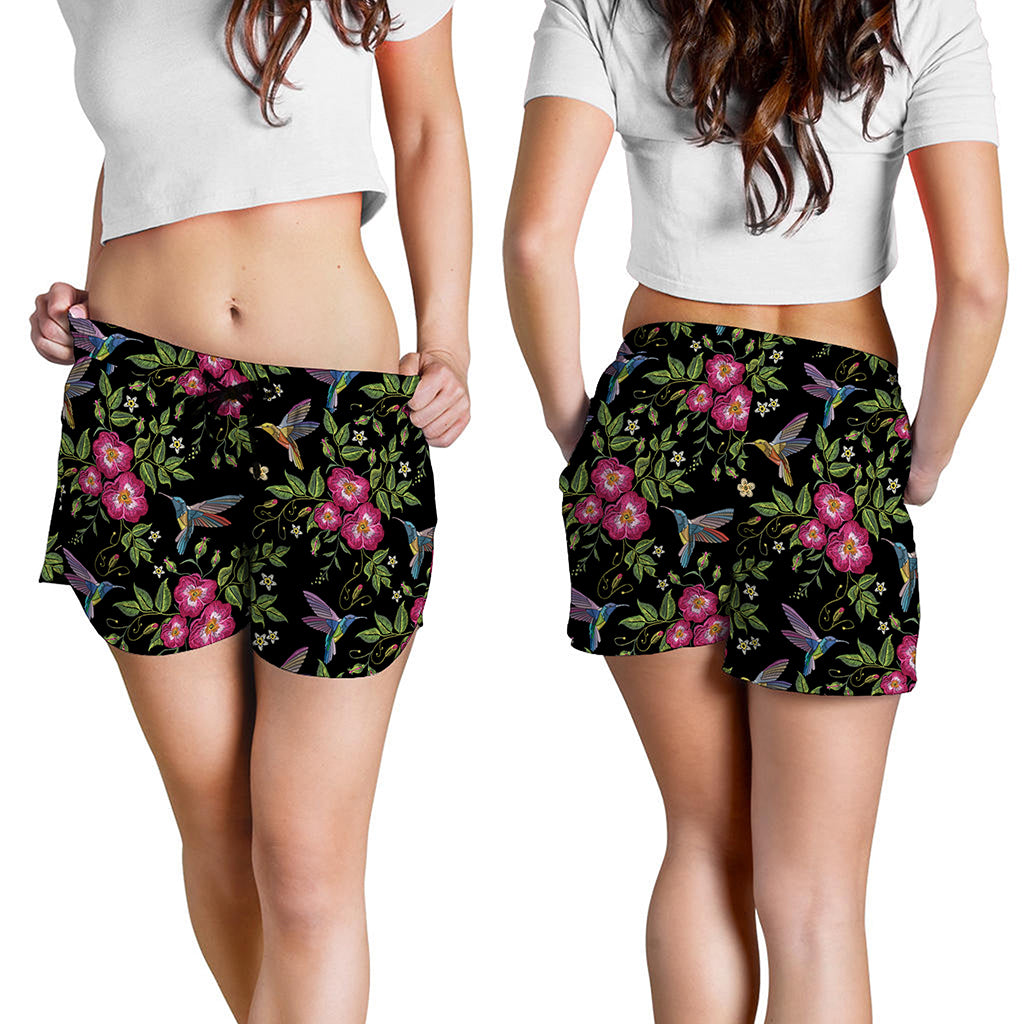 Wild Flowers And Hummingbird Print Women's Shorts