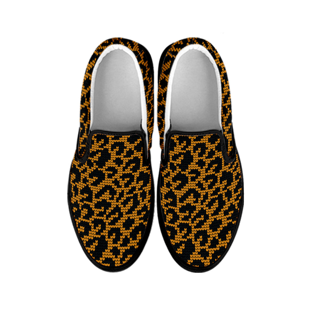 Wild Leopard Knitted Pattern Print Black Slip On Shoes